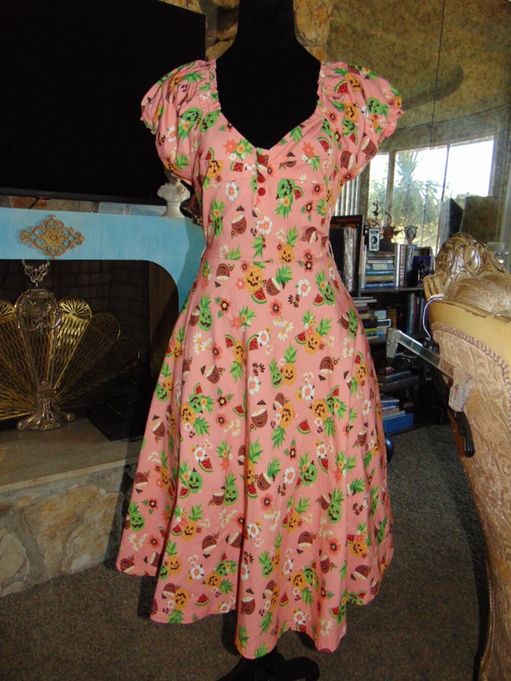 NEW Unique Vintage Pink June-o-ween Spooky TIKI Swing Dress Pin Up Halloween M - Picture 5 of 16